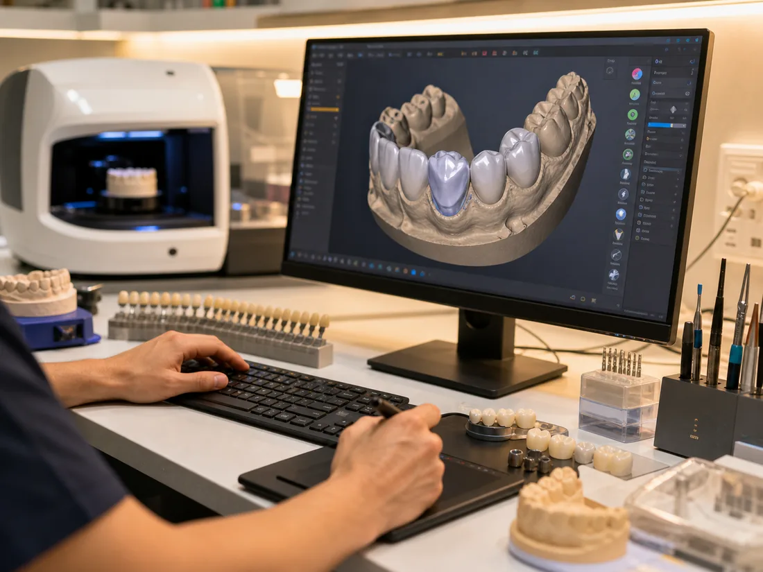 Dental restoration CAD design workflow in a modern laboratory