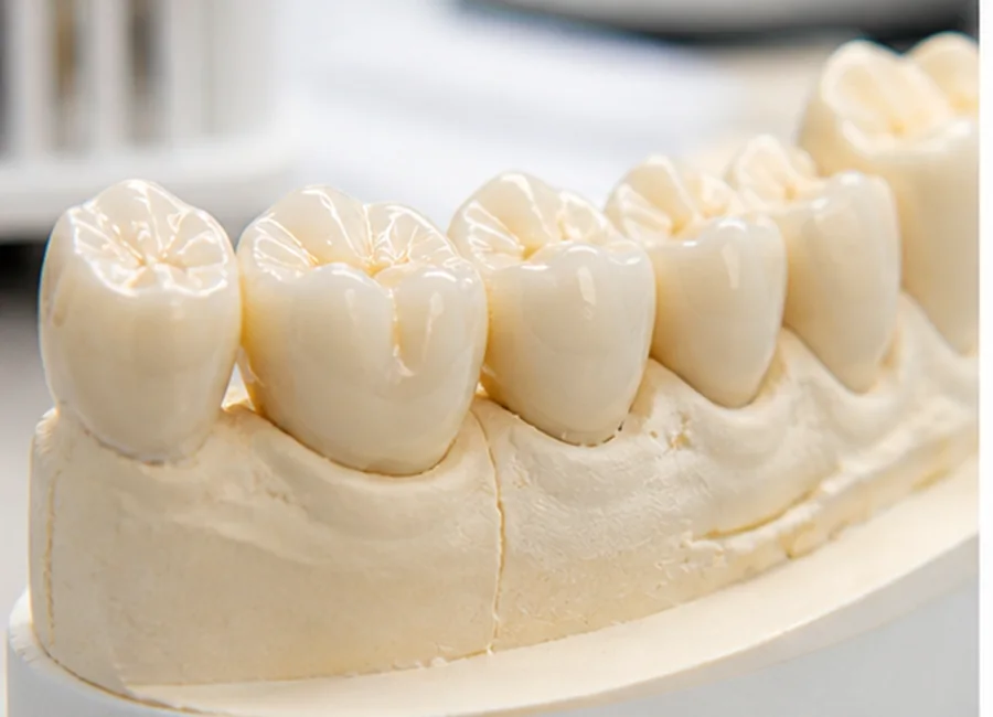 Ceramic crowns on a dental model