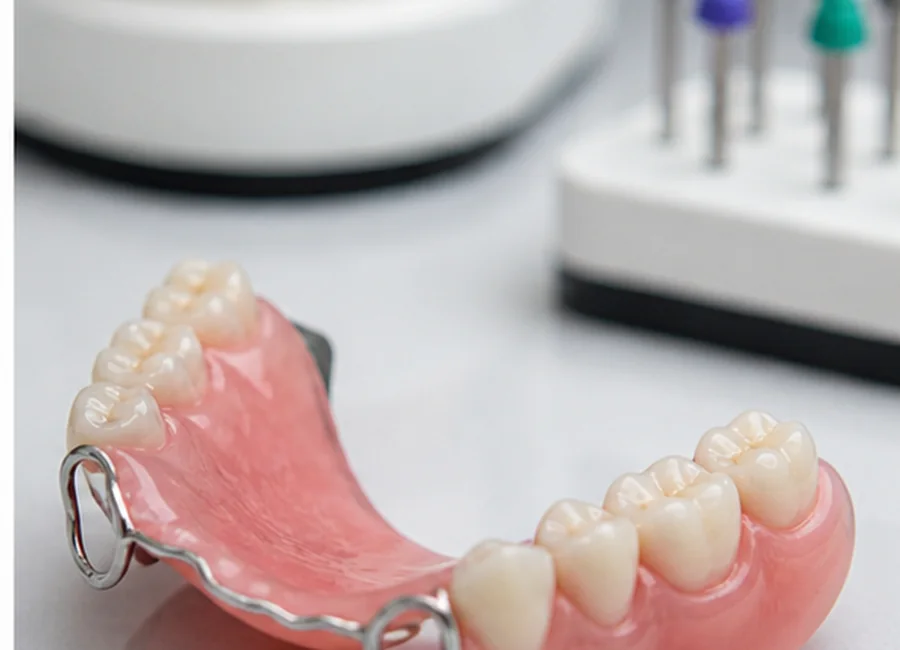 Removable partial denture on a dental laboratory bench